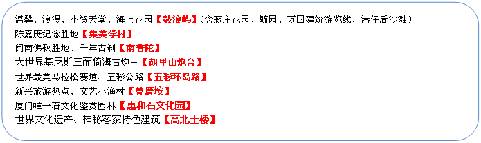 圓角矩形: 溫馨、浪漫、小資天堂、海上花園【鼓浪嶼】（含菽莊花園、毓園、萬(wàn)國(guó)建筑游覽線、港仔后沙灘）
陳嘉庚紀(jì)念勝地【集美學(xué)村】
閩南佛教勝地、千年古剎【南普陀】
大世界基尼斯三面倚海古炮王【胡里山炮臺(tái)】
世界最美馬拉松賽道、五彩公路【五彩環(huán)島路】
新興旅游熱點(diǎn)、文藝小漁村【曾厝垵】
廈門(mén)唯一石文化鑒賞園林【惠和石文化園】
世界文化遺產(chǎn)、神秘客家特色建筑【高北土樓】
